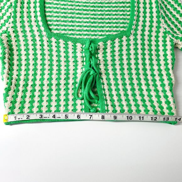 Zara Cropped Knit Blouse Medium Green White Pattern Cropped Knit Tie Front S/M - Picture 9 of 12